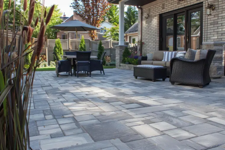Brick paver patio with a clean design in a Montclair, NJ backyard