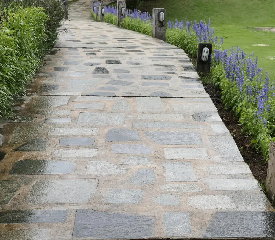 Finished concrete cement walkway alongside a landscaped lawn in Montclair, NJ