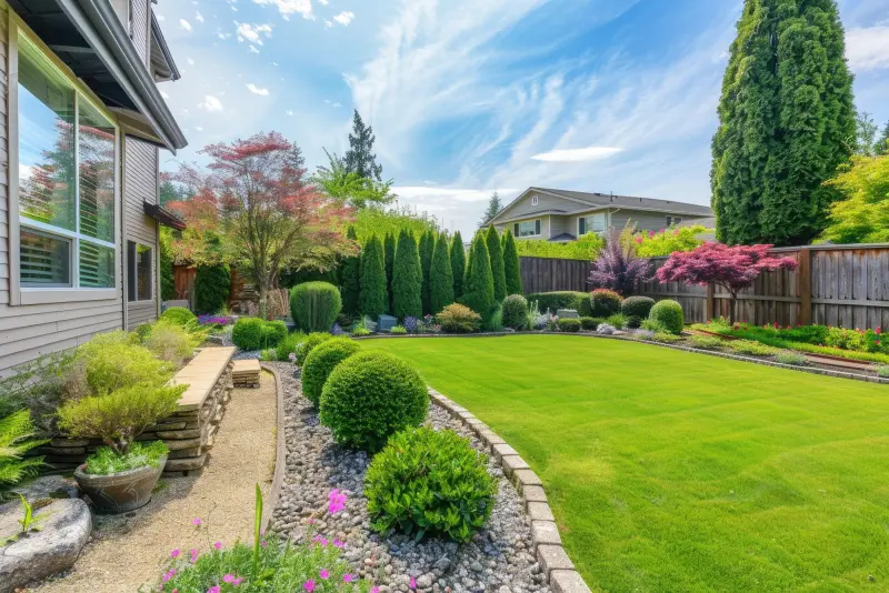 Front yard landscape design with colorful shrubs and a green lawn in Montclair, NJ