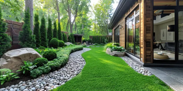 Landscaped Montclair backyard with a winding natural stone path