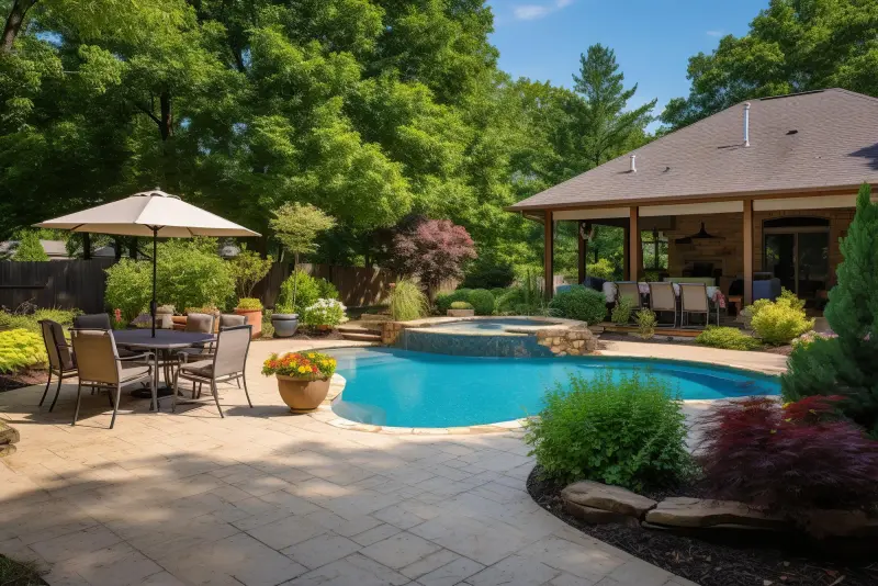 Landscaped backyard patio with an outdoor kitchen and pool in Montclair, NJ