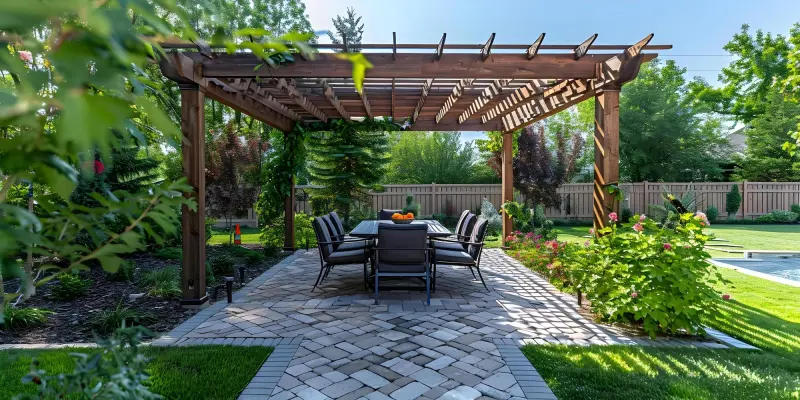 Wooden pergola over a herringbone paver patio in a Montclair, NJ backyard