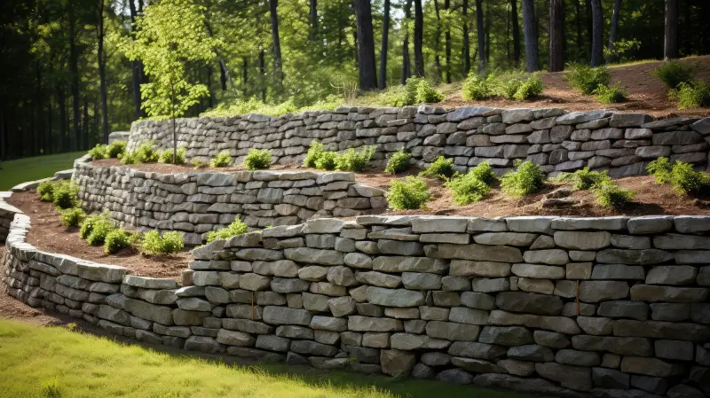 Natural stone retaining wall built on a sloped Montclair, NJ property