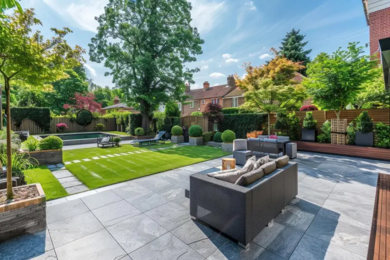 Landscaped patio with a natural stone walkway and garden furniture in Montclair, NJ